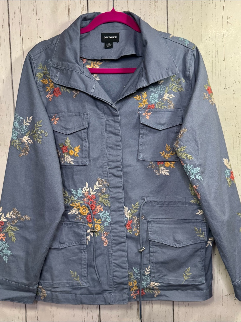 Driftwood Gray Blue Floral Embroidered Utility Jacket Boho Military Cottagecore